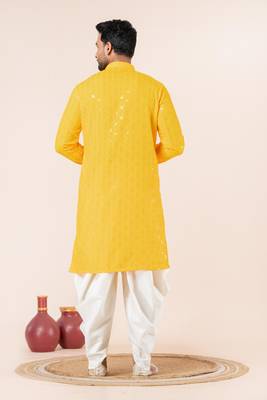 Yellow embroidery sequence kurta dhoti set for festive, reception, weddings 4