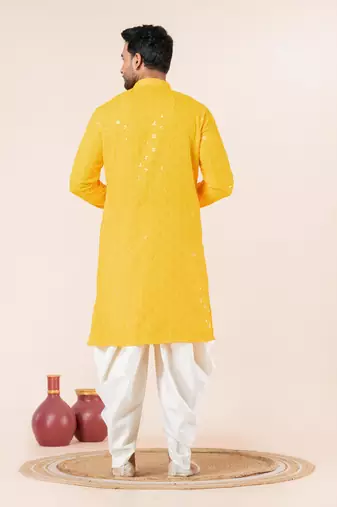 Yellow embroidery sequence kurta dhoti set for festive, reception, weddings