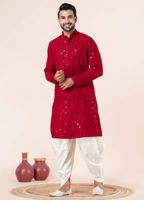 Red embroidery sequence kurta dhoti set for festive, reception, weddings 1