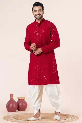 Red embroidery sequence kurta dhoti set for festive, reception, weddings