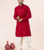 Red embroidery sequence kurta dhoti set for festive, reception, weddings