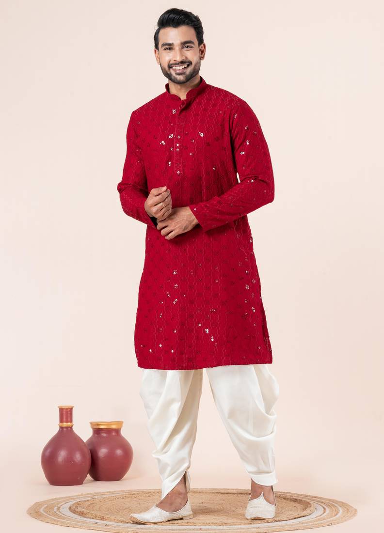 Red embroidery sequence kurta dhoti set for festive, reception, weddings