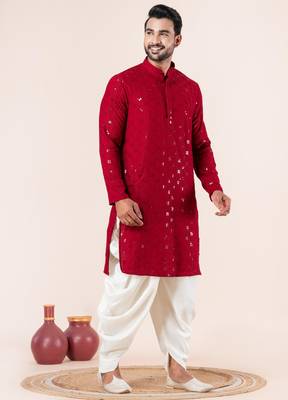 Red embroidery sequence kurta dhoti set for festive, reception, weddings 2