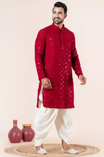 Red embroidery sequence kurta dhoti set for festive, reception, weddings