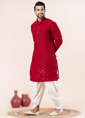 Red embroidery sequence kurta dhoti set for festive, reception, weddings 3