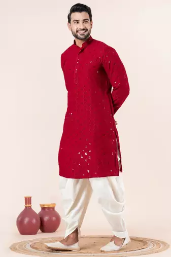 Red embroidery sequence kurta dhoti set for festive, reception, weddings