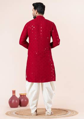 Red embroidery sequence kurta dhoti set for festive, reception, weddings 4