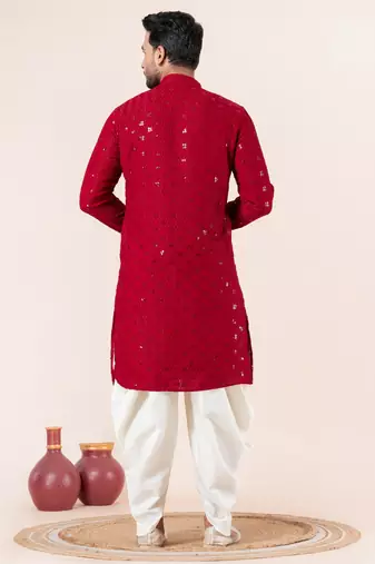 Red embroidery sequence kurta dhoti set for festive, reception, weddings