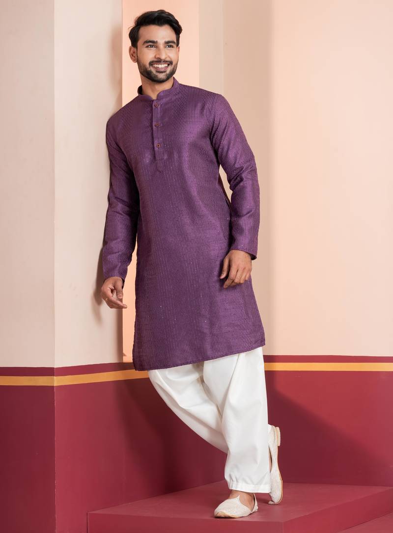 Purple embroidery bangalorian kurta for festive, reception, weddings