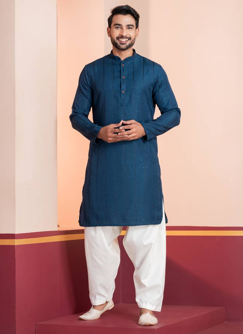 Blue embroidery bangalorian kurta for festive, reception, weddings
