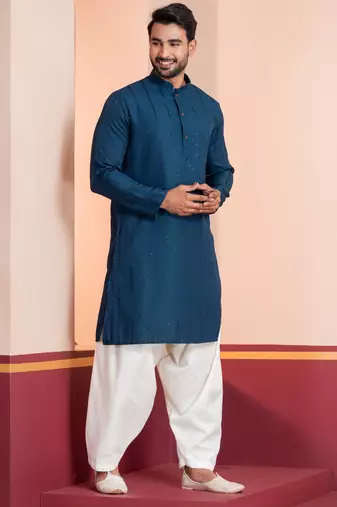 Blue embroidery bangalorian kurta for festive, reception, weddings