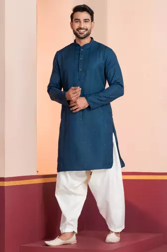 Blue embroidery bangalorian kurta for festive, reception, weddings