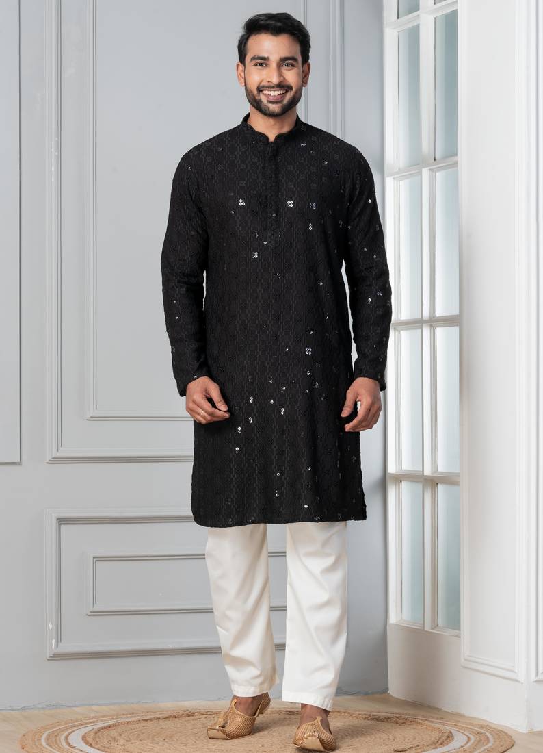 Black embroidery sequence kurta for festive, reception, weddings