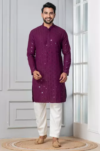 Purple embroidery sequence kurta for festive, reception, weddings