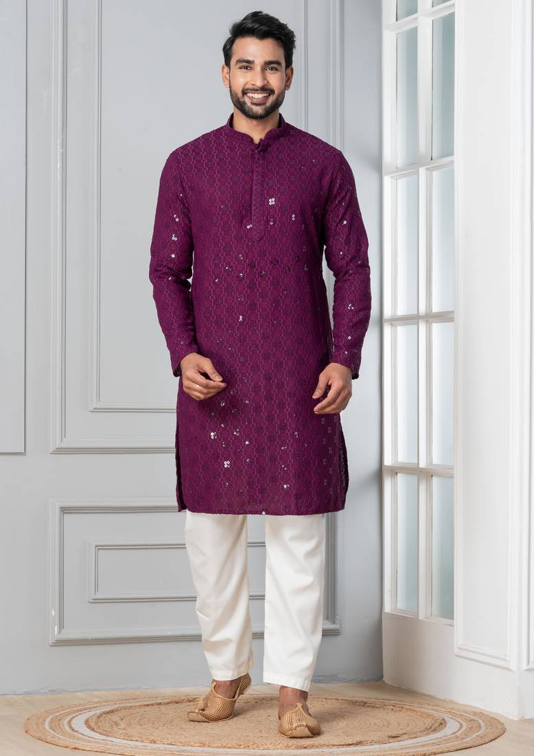 Purple embroidery sequence kurta for festive, reception, weddings