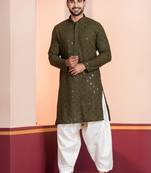 Olive embroidery sequence kurta for festive, reception, weddings