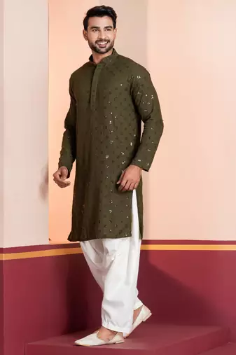 Olive embroidery sequence kurta for festive, reception, weddings
