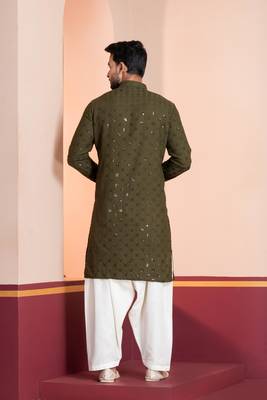 Olive embroidery sequence kurta for festive, reception, weddings 4