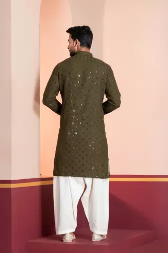 Olive embroidery sequence kurta for festive, reception, weddings