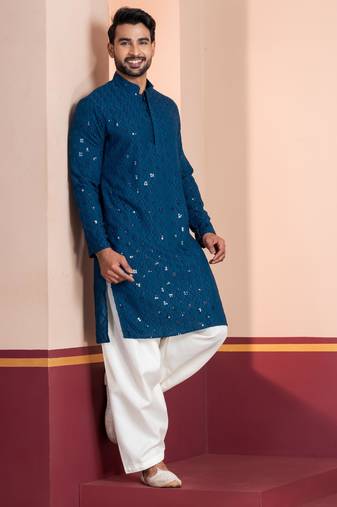 Blue embroidery sequence kurta for festive, reception, weddings