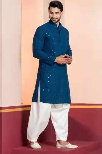 blue sequin embroidered kurta for men festive wear