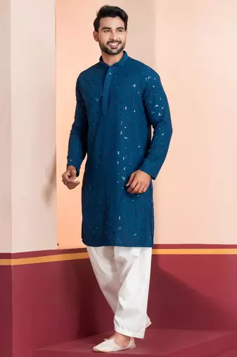 blue sequin embroidered kurta for men festive wear