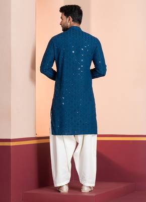 blue sequin embroidered kurta for men festive wear 4