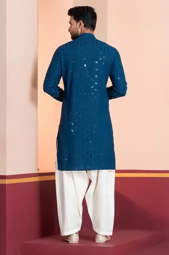 blue sequin embroidered kurta for men festive wear