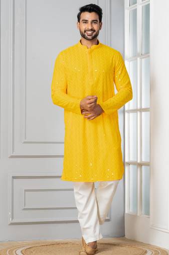 Yellow embroidery sequence kurta for festive, reception, weddings