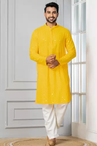 Yellow embroidery sequence kurta for festive, reception, weddings