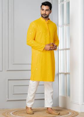 Yellow embroidery sequence kurta for festive, reception, weddings 2