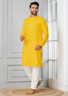 Yellow embroidery sequence kurta for festive, reception, weddings 3