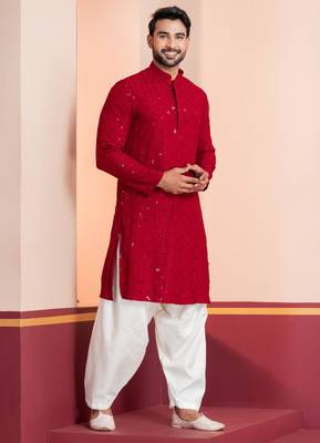 Red embroidery sequence kurta for festive, reception, weddings 2