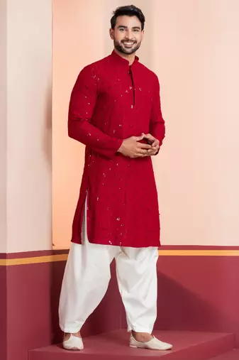 Red embroidery sequence kurta for festive, reception, weddings