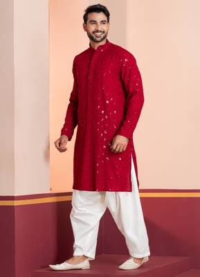 Red embroidery sequence kurta for festive, reception, weddings 3