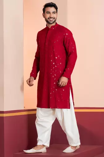 Red embroidery sequence kurta for festive, reception, weddings