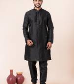 Black plain dupion silk kurta for festive, reception, weddings