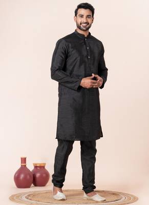 Black plain dupion silk kurta for festive, reception, weddings 2