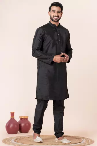 Black plain dupion silk kurta for festive, reception, weddings