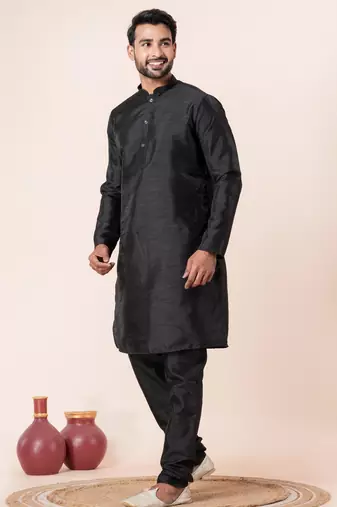 Black plain dupion silk kurta for festive, reception, weddings