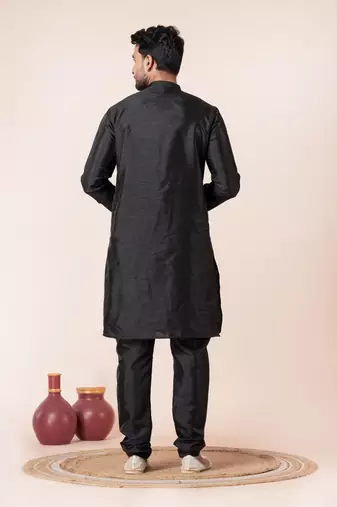 Black plain dupion silk kurta for festive, reception, weddings