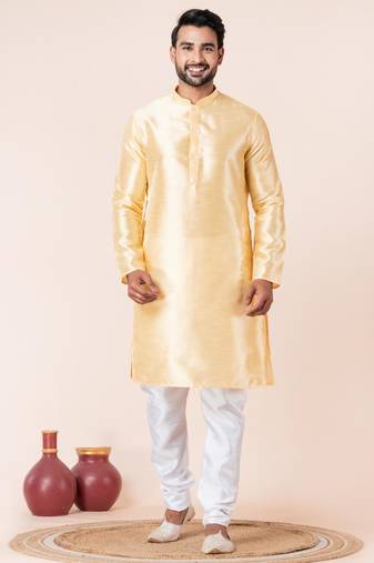 Yellow plain dupion silk kurta for festive, reception, weddings