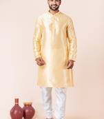 Yellow plain dupion silk kurta for festive, reception, weddings