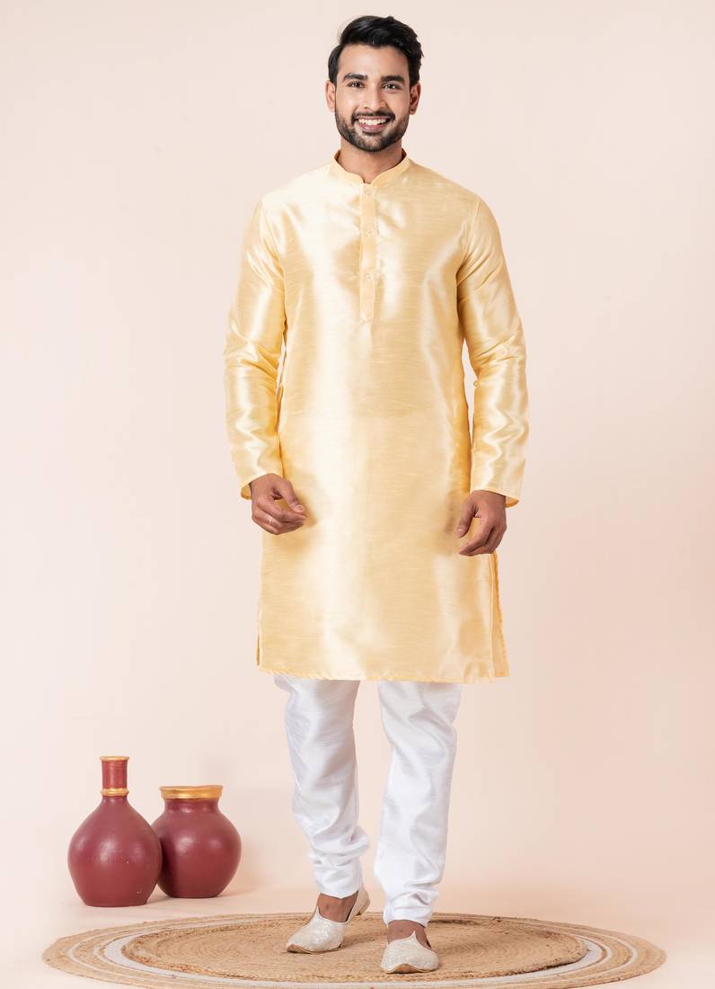 Yellow plain dupion silk kurta for festive, reception, weddings