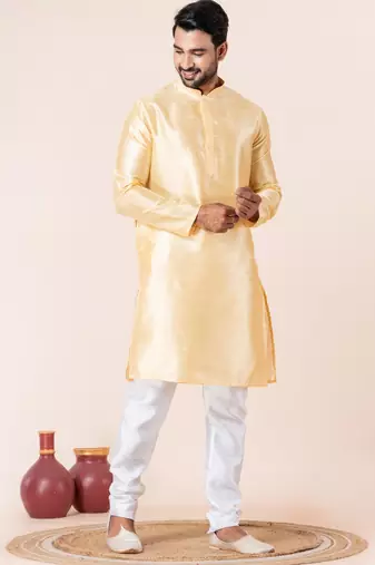 Yellow plain dupion silk kurta for festive, reception, weddings