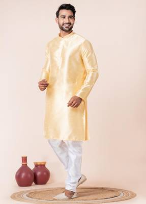Yellow plain dupion silk kurta for festive, reception, weddings 3