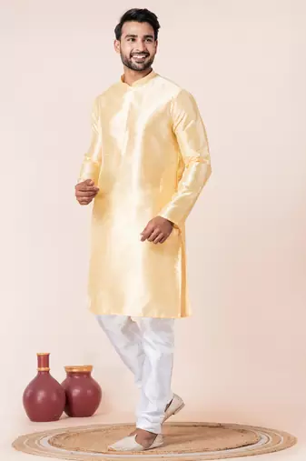 Yellow plain dupion silk kurta for festive, reception, weddings