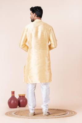 Yellow plain dupion silk kurta for festive, reception, weddings 4