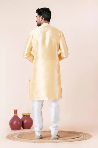 Yellow plain dupion silk kurta for festive, reception, weddings