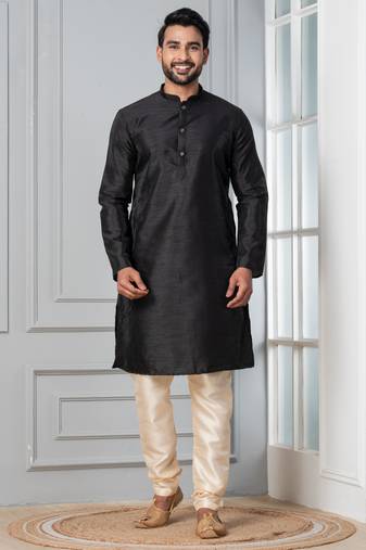 Black plain dupion silk kurta churidar set for festive, reception, weddings